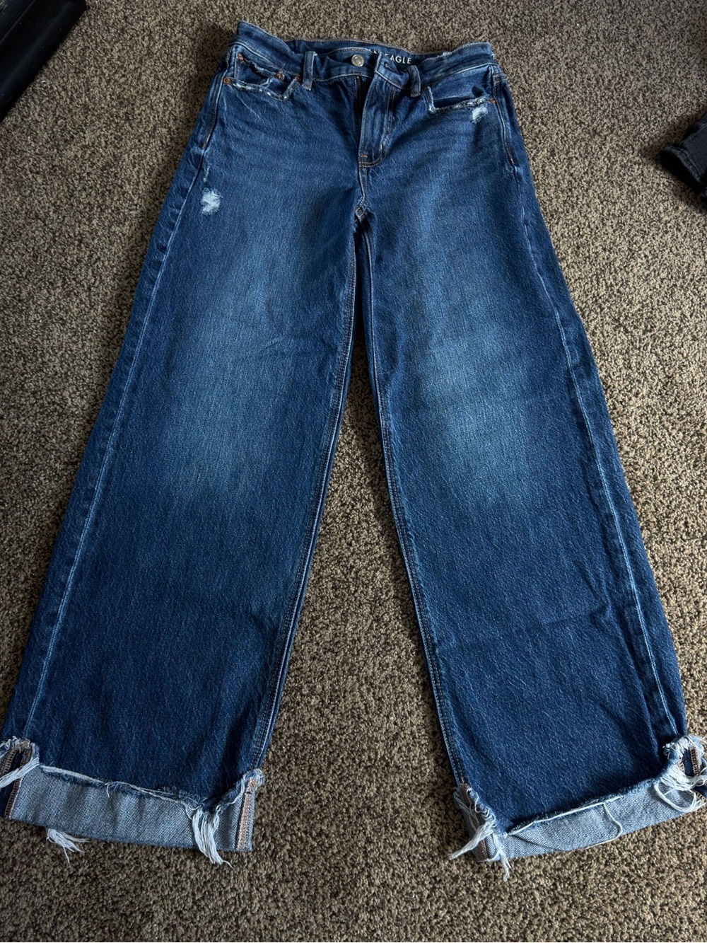 American Eagle Outfitters Wide-Leg Dark Blue Jeans with Distressed Cuffs